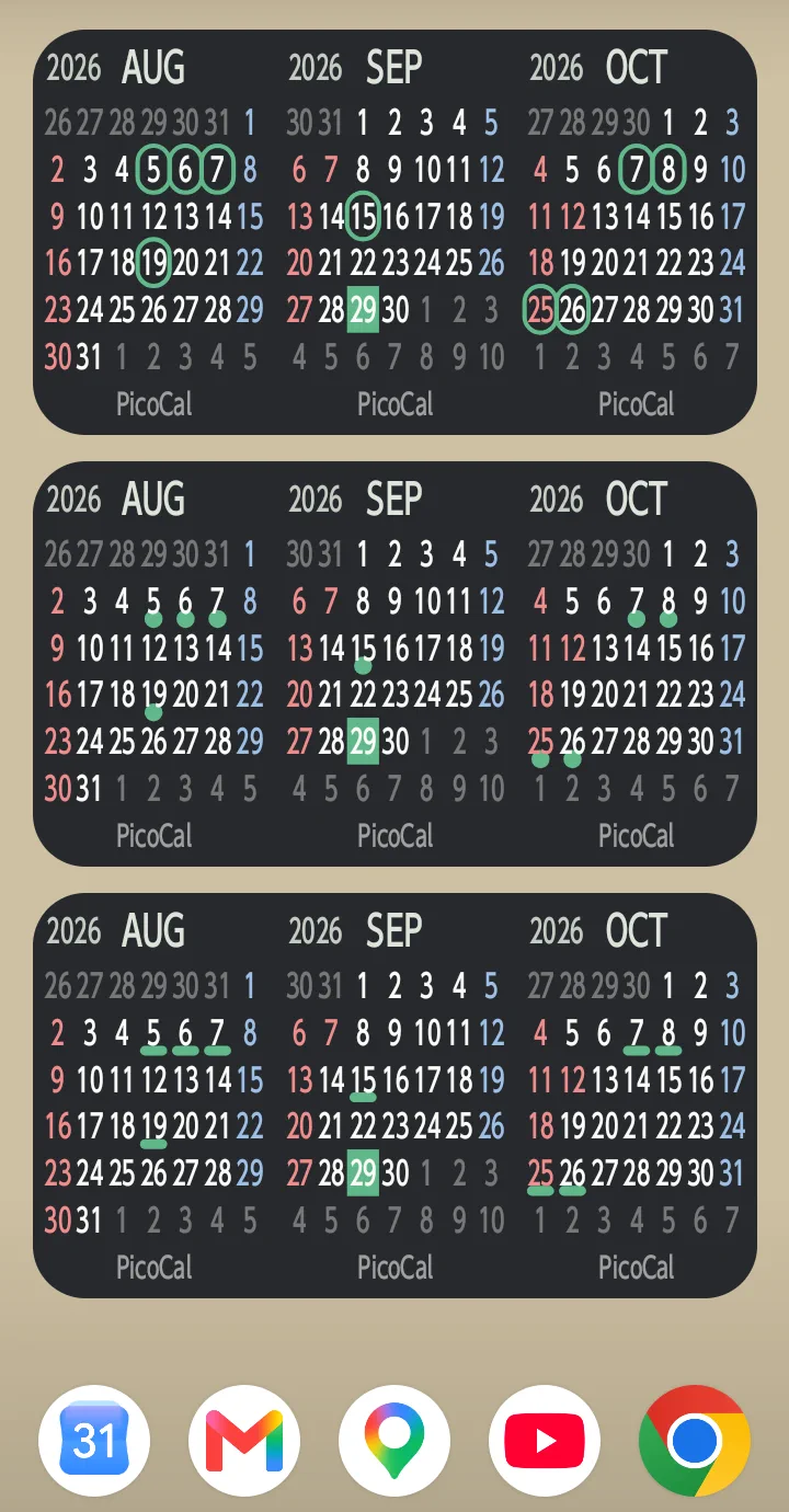 PicoCal showing calendar events in different display styles