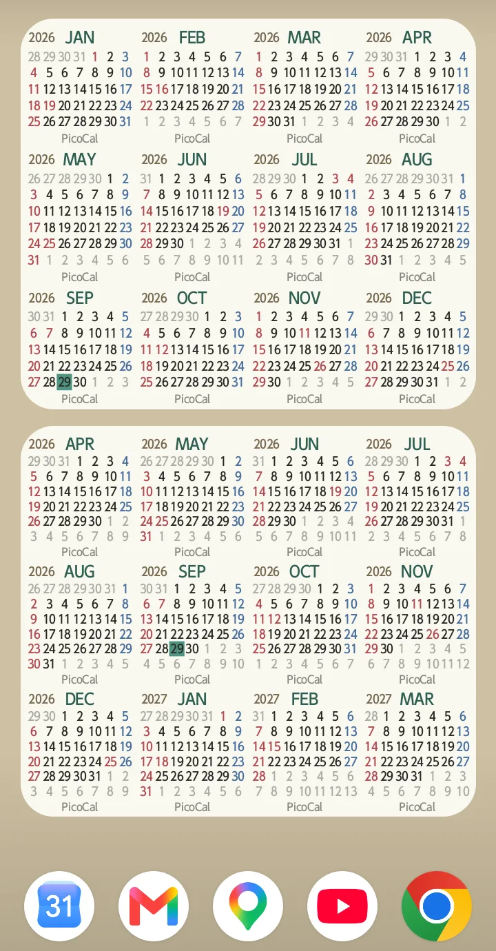 PicoCal showing different 12-month calendar layouts